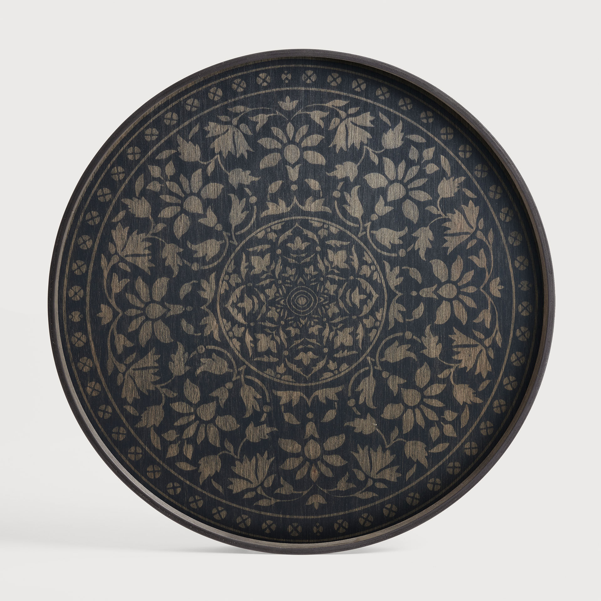 [20436R] Black Marrakesh wooden tray - round - L